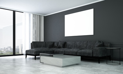 Fototapeta premium The 3d rendering interior design of modern living room and black wall texture pattern background and picture frame background 