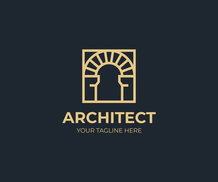 Antique arch in a square logo template. Vintage arch vector design. Arched construction logotype