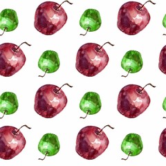 Seamless pattern with watercolor green and red apples on white background