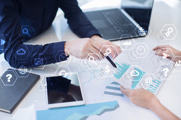 Virtual screen interface with applications icons. APPS. Strategy planning Internet technology concept.
