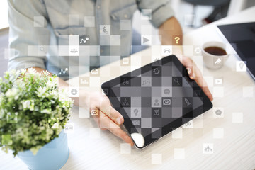 Virtual screen interface with applications icons. APPS. Strategy planning Internet technology...