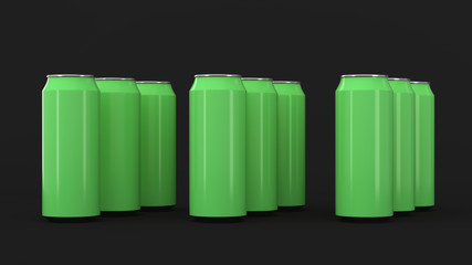 Raw of green soda cans