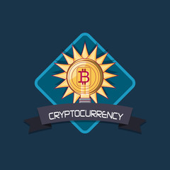 cryptocurrency emblem with bulb with bitcoin symbol over blue background, colorful design. vector illustration