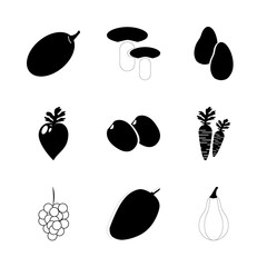 icon Fruits And Vegetables with vintage vine, citrus fruit, mushroom, vegetable and cucurbit