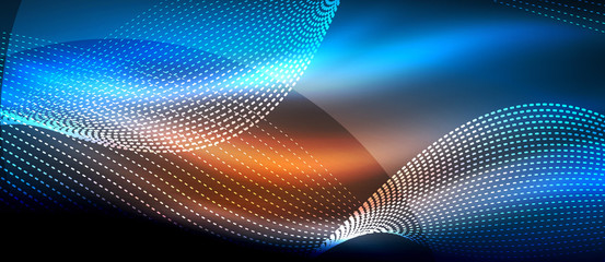 Obraz premium Glowing abstract wave on dark, shiny motion, magic space light. Techno abstract background