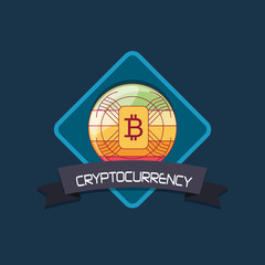 cryptocurrency emblem with bitcoin coin icon over blue background, colorful design. vector illustration