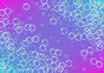 Cleaning foam on gradient background. Realistic water bubbles 3d. Cool rainbow colored liquid foam with shampoo bubbles. Horizontal cosmetic flyer and invite. Cleaning soap foam for bath and shower.