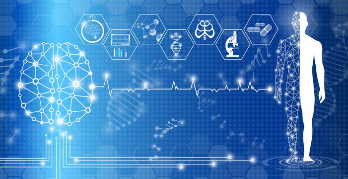 abstract background technology concept in blue light,brain and human body heal ,technology modern medical science in future and global international medical with tests analysis clone DNA human