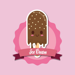 decorative emblem with kawaii chocolate ice cream cone icon over pink background, colorful design. vector illustration