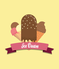 decorative ribbon and frame with ice creams icon over yellow background, colorful design. vector illustration