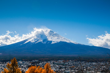 Mt. Fuji Mountain in Japanese.On the day the sky was clear and clouded.