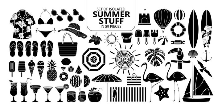 Set of isolated silhouette summer stuff in 59 pieces.
