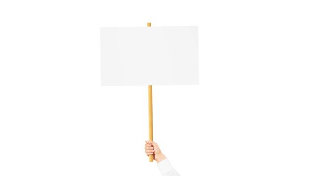 Blank white hand holding white sign mockup on wooden stick front view, isolated. Empty signage protest placard in arm. Clear poster in hand template