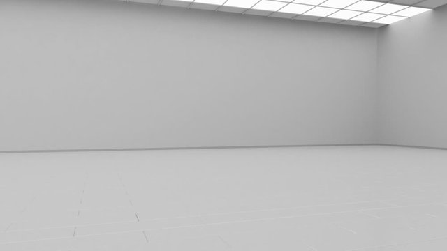 Blank white gallery background mock up isolated, cyclical camera rotation, 3d rendering. Clear gallery interior with plain surface. Art design empty room
