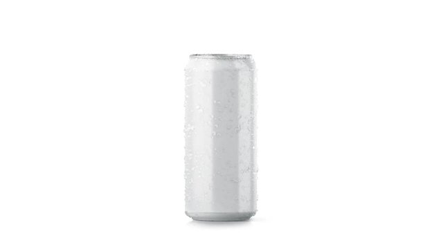 Blank big cold aluminium beer can mockup with drop, clipping mask, looped rotation, 3d rendering. Empty soda tin packing mock up with condensate, isolated. Canned dripping drink. Fizzy pop package