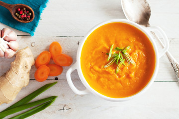 Carrot ginger cream soup with ingredients