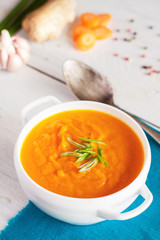Carrot ginger cream soup with ingredients