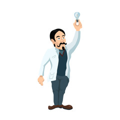 Cute cartoon young scientist character with lighting bulb on white