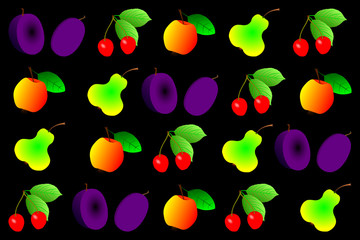 Fruit illustration - vector pattern, cherry, plum, apple and pear,