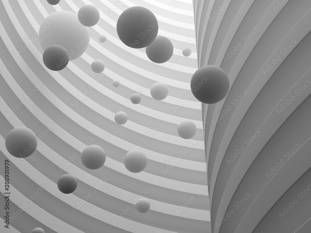 Aufkleber Abstract of architecture space with white sphere ball are falling from sky to the ground with light and shadow of the sun,3D render