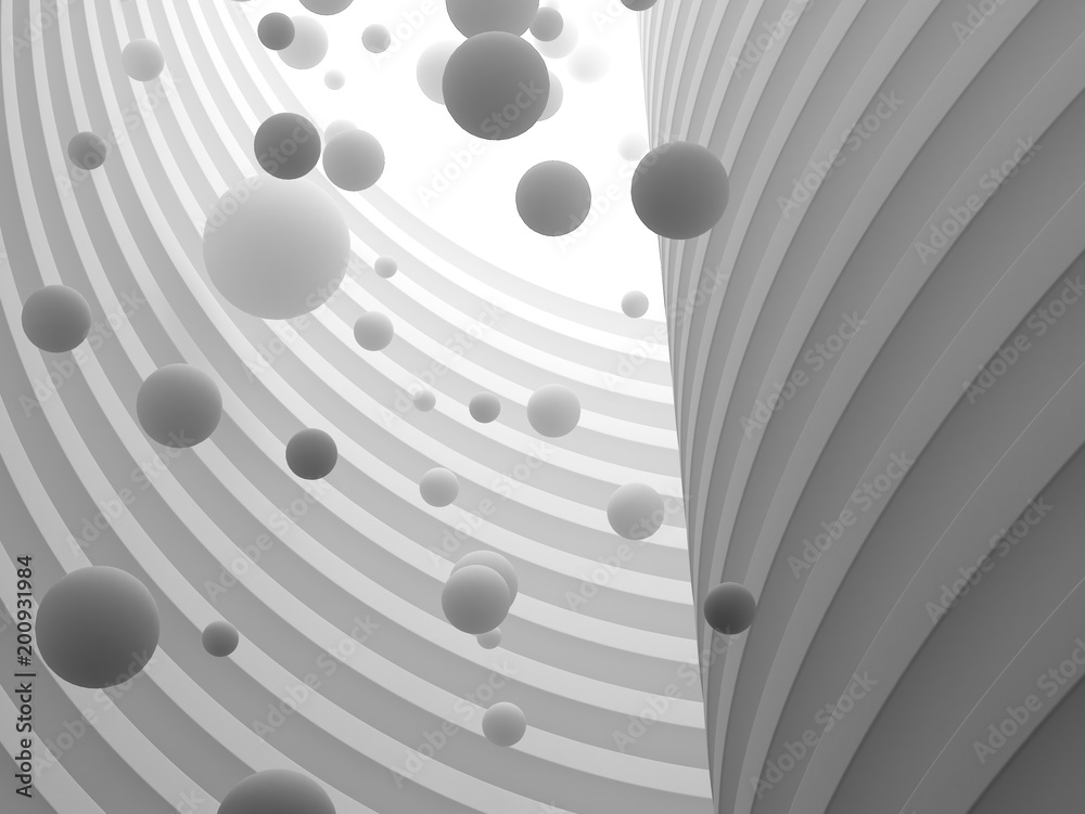 Leinwandbilder abstract of architecture space with white sphere ball are falling from sky to the ground with light 