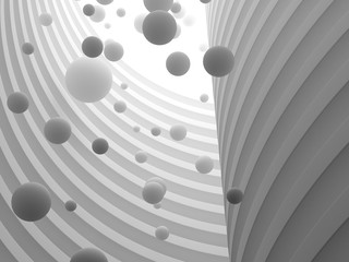 Abstract of architecture space with white sphere ball are falling from sky to the ground with light and shadow of the sun,3D render