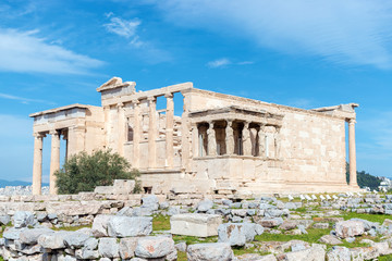 The Porch of the Caryatids at the Erechtheion temple on the Acropolis, Athens, Greece.