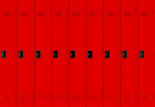 3d rendering. Red metal Lockers row background.