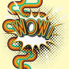WOW - retro lettering with shadows, halftone pattern on retro poster  background. Vector bright illustration in vintage pop art style. 