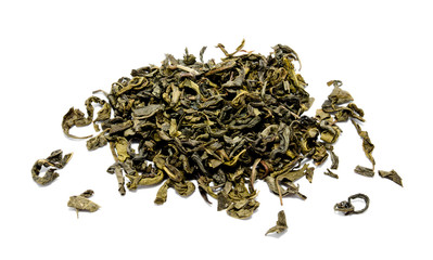 Heap of chinese green tea isolated on a white