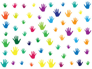 Fototapeta na wymiar Hands, palms isolated on white vector background graphic design. Multicolored handprints - symbols of friendship, teamwork, cooperation and partnership. Cartoon kids hands prints in paint.