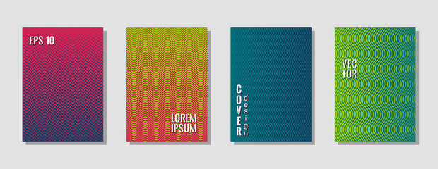 Indie style zig zag lines gradient texture curves background for scientific cover. Wavy stripes and zig zag vector halftone lines texture book covers set in red magenta, green and dark blue colors.