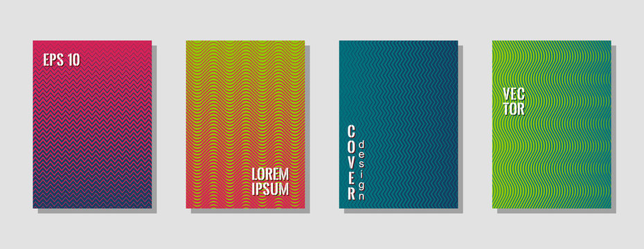 Indie style zig zag lines gradient texture curves background for scientific cover. Wavy stripes and zig zag vector halftone lines texture book covers set in red magenta, green and dark blue colors.