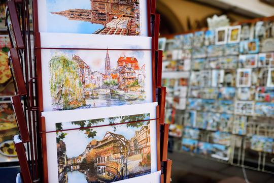 STRASBOURG, FRANCE - March 24, 2018: pictures of the city exhibited for sale