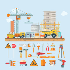 Obraz na płótnie Canvas Construction vector flat illustration. Building poster in modern style. Colorful industry template
