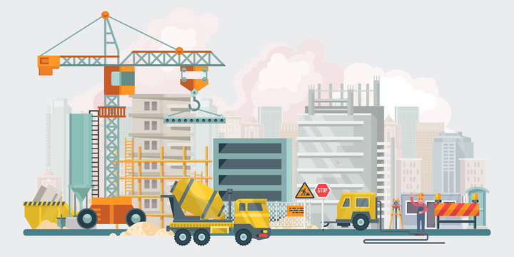 Construction vector flat illustration. Building poster in modern style. Colorful industry template