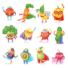 Superhero fruits vector fruity cartoon character of super hero expression vegetables with funny banana carrot or pepper in mask illustration fruitful vegetarian set isolated on white background