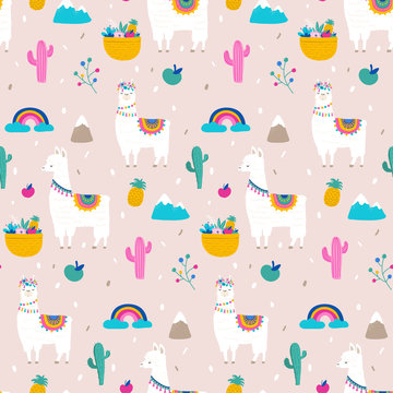 Llama, Alpaca, Cactuses And Leaves Seamless Pattern