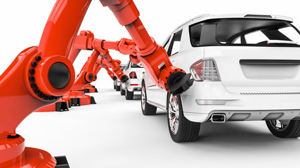 Fototapeta premium Automotive robots / 3D render image representing a factory line with automotive robots and cars 