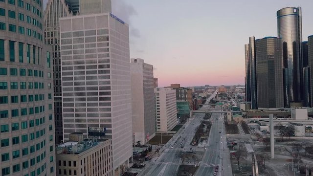 Drone shot of office buildings.