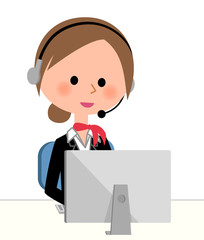 制服の女性　PCとイヤホンマイク