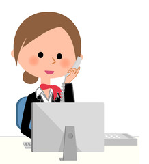 制服の女性　PCと電話