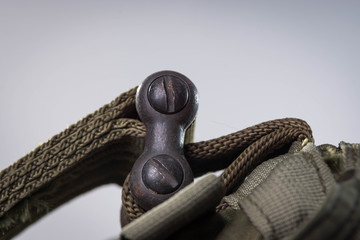 Detail of the buckle of a reserve parachute bag