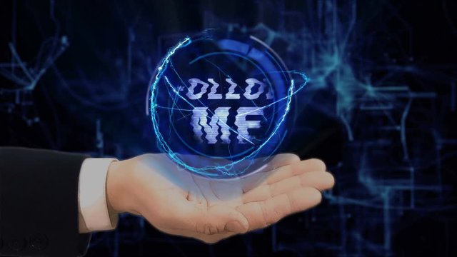 Painted hand shows concept hologram Follow me on his hand. Drawn man in business suit with future technology screen and modern cosmic background