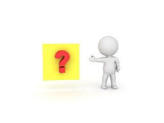 3D Character showing a yellow sticky note with red question mark