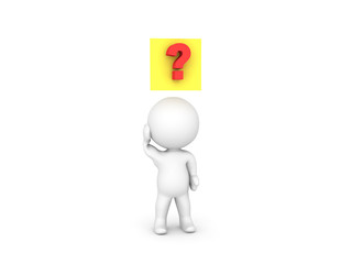 3D Character with a yellow sticky note and question mark above him