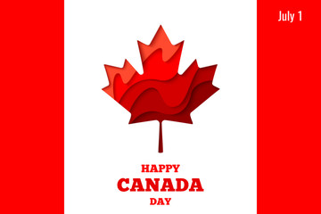 Happy Canada Day vector holiday poster with red paper cut canada maple leaf. 1th of July celebration banner on Canada flag background
