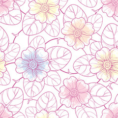Vector seamless pattern with outline Primula or Primrose flower and leaves in pastel pink colors on the white background. Elegance floral pattern with Primula in contour style for spring design.