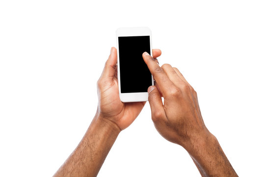 Male hands pointing on blank smartphone screen