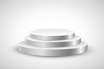 Podium with red carpet. Stage for awards ceremony. Pedestal. Spotlight. Vector illustration.